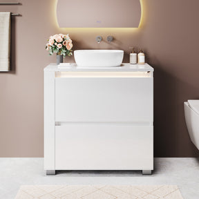 SONNI Freistehender Waschtisch mit LED-Sensorbeleuchtung, Aufsatzwaschbecken mit Doppeltüren und verstellbaren Ablagen, Badschrank 60 x 60 x 30 cm Weiß