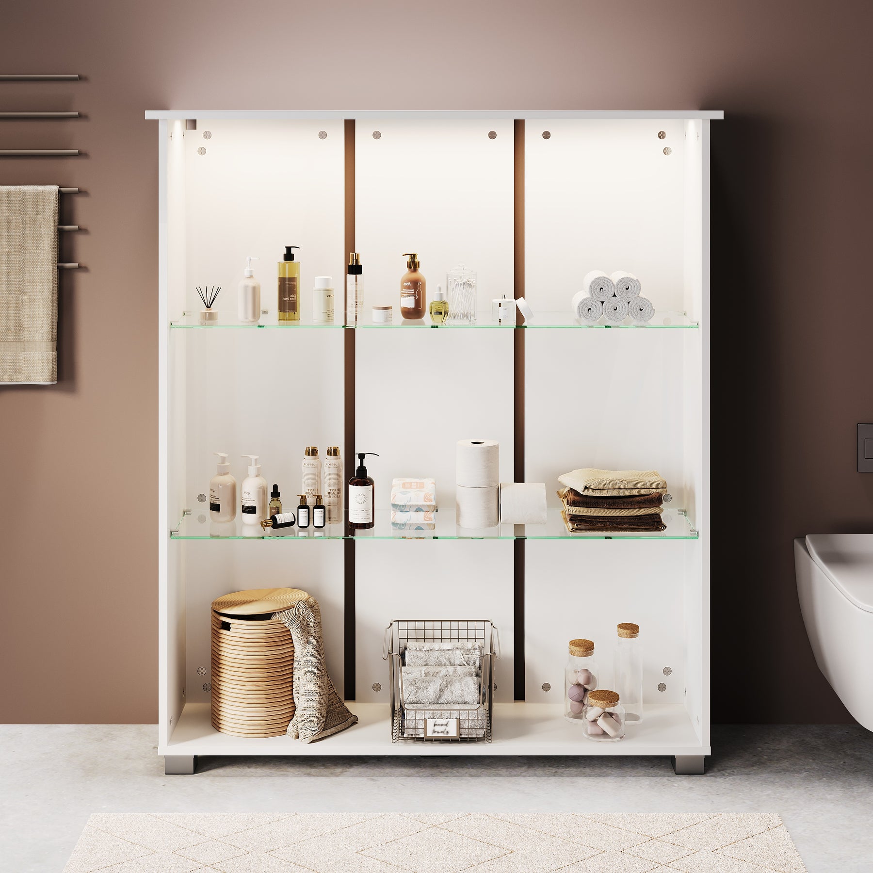 SONNI Badschrank mit LED-Sensoren,3 verstellbare Glasböden Badschrank mit 4 Kunststofffüßen 100 x 26 x 116 cm Weiß
