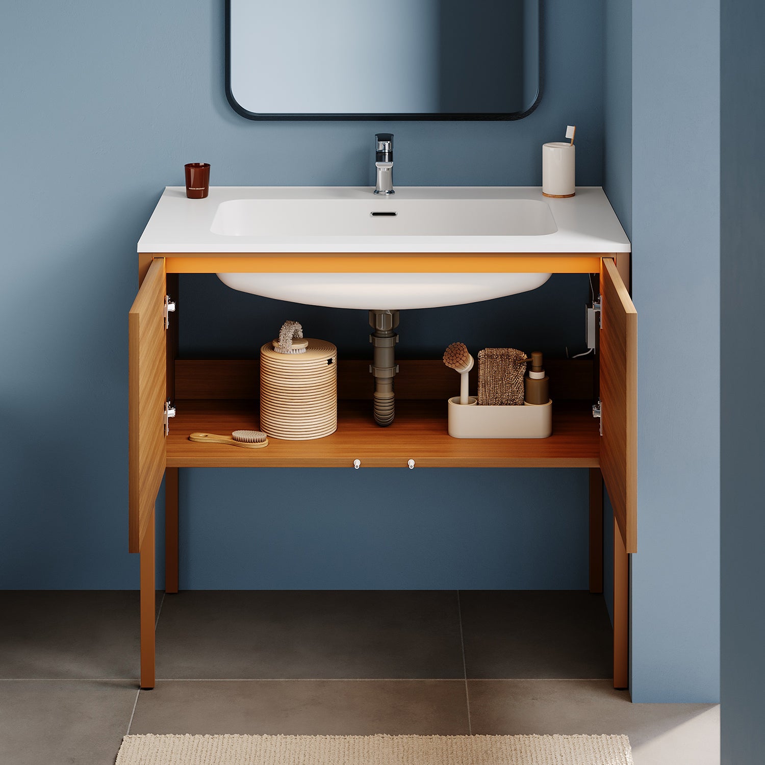 SONNI Badmöbel Set mit Waschbecken, Quarz Kunststein Waschbecken LED Sensorbeleuchtung Push Open Türen 89,4 x 49,5 x 81 cm