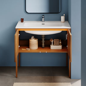 SONNI Badmöbel Set mit Waschbecken, Quarz Kunststein Waschbecken LED Sensorbeleuchtung Push Open Türen 89,4 x 49,5 x 81 cm