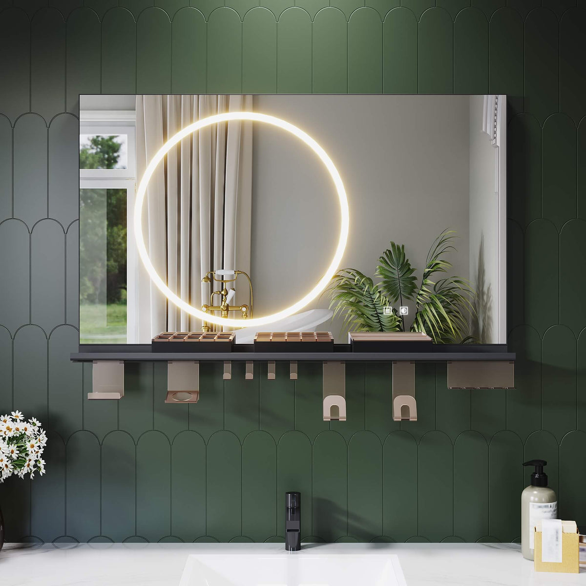 SONNI Badezimmerspiegel mit Beleuchtung 100x60 cm, LED Badspiegel mit Ablage, 3 einstellbare Lichtfarbe + Anti-Beschlag + Touchschalter, Ablage mit Handyhalter + Haken + Zahnbürstenhalter