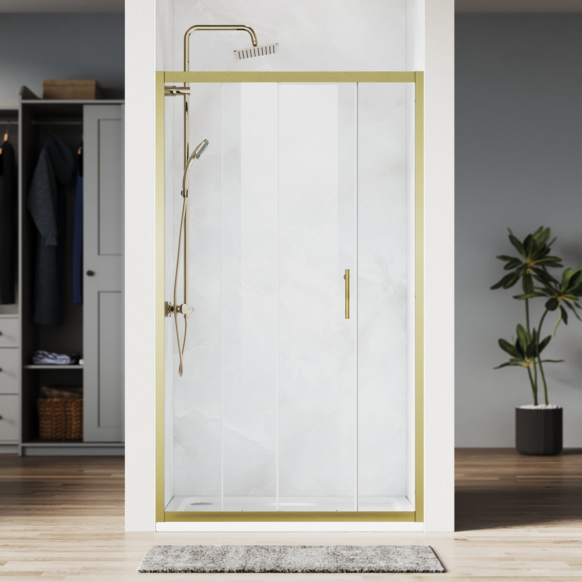 SONNI Duschtür Schiebetür Duschabtrennung Gebürstetes Gold Aluminiumrahmen ESG Glas 100–120 cm Höhe 185 cm - Sonni Sanitär GmbH