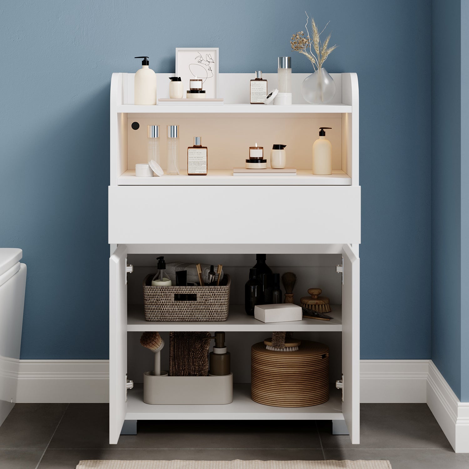 SONNI Badezimmer-Beistelltisch mit Touch-LED, 1 Schublade 2 Türen ausziehbarer Einlegeboden Aufbewahrungsmöbel 56 x 30 x 82 cm Weiß