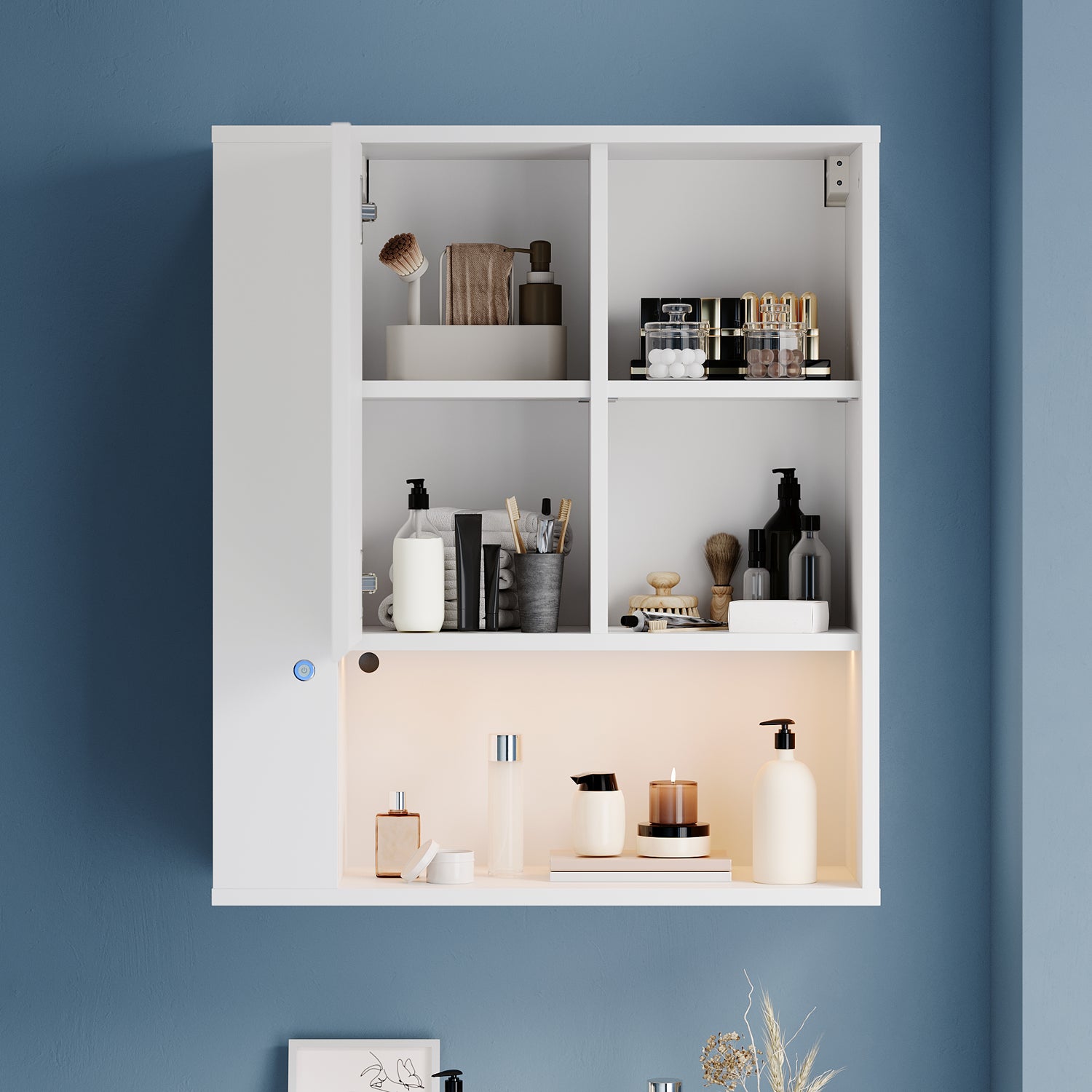 SONNI Wand-Badezimmerschrank mit LED-Sensor, Badschrank zur Wandmontage mit Tür und offenen Fächern 60 x 23 x 70 cm Weiß