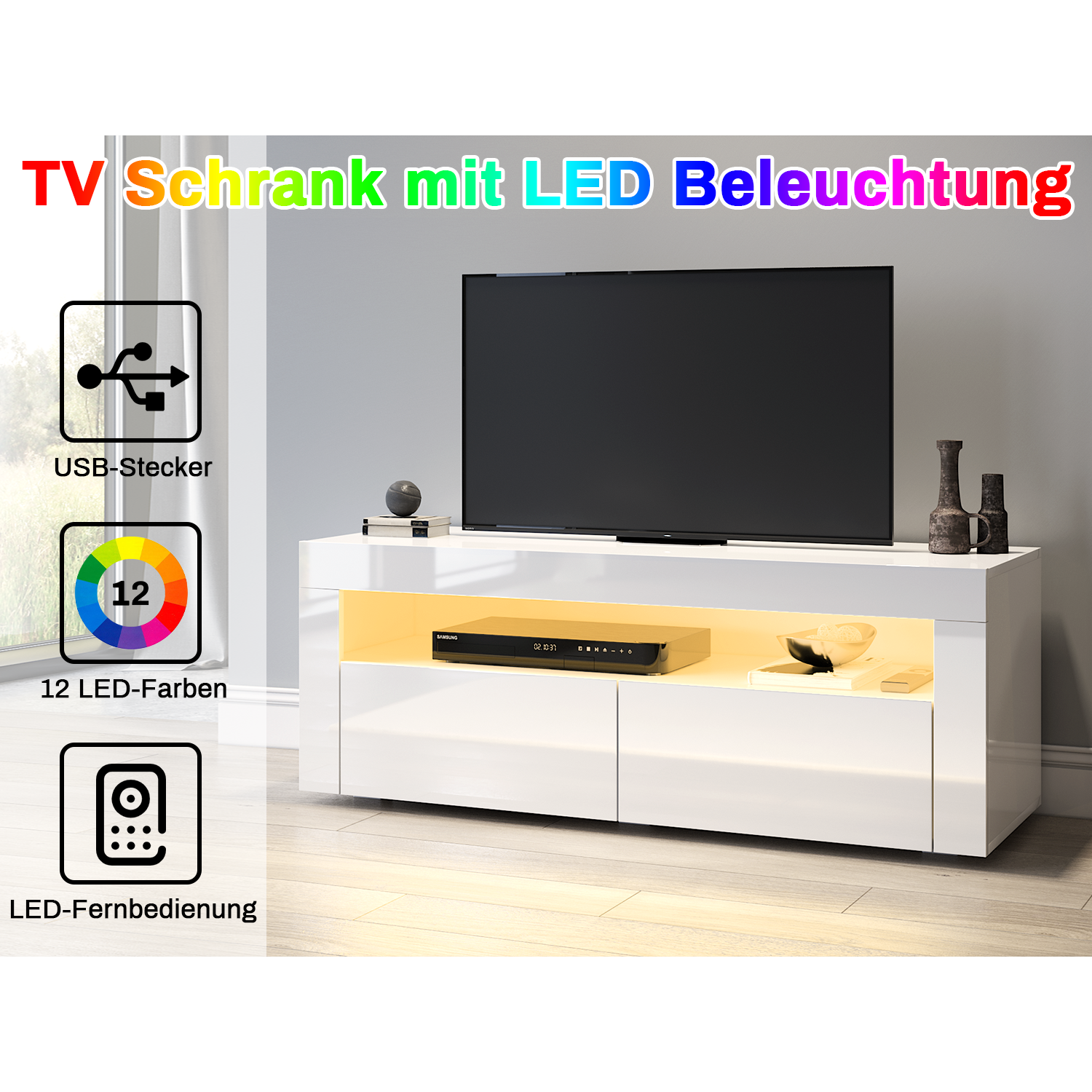 SONNI TV Board Lowboard Unterschrank Hochglanz Glasböden mit LED Beleuchtung