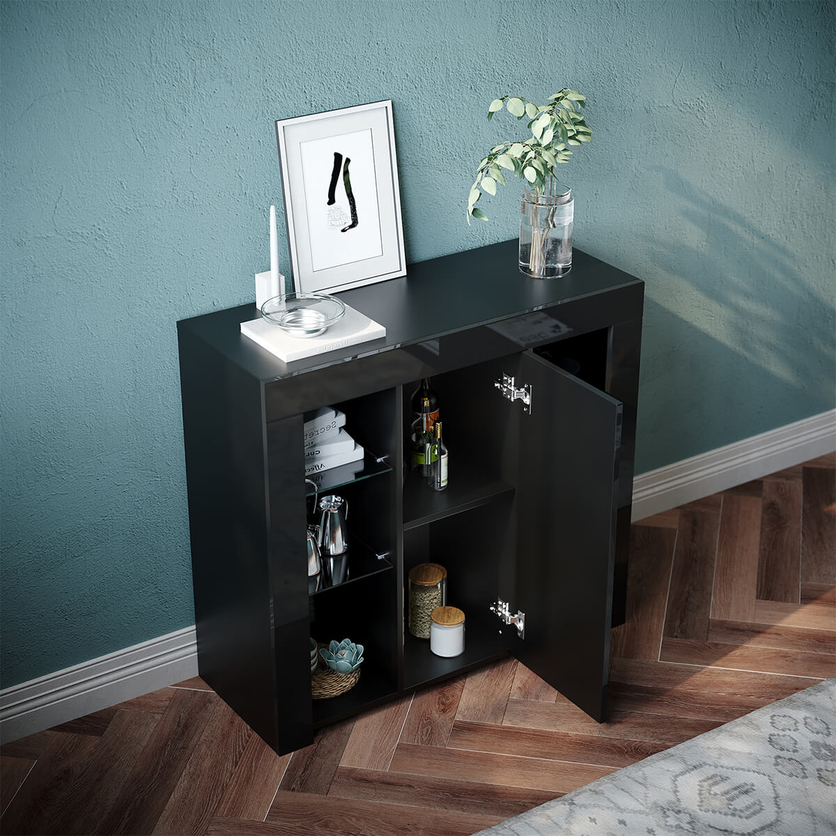 SONNI Kommode Sideboard mit LED Beleuchtung Schwarz Hochglanz Wohnzimmermöbel Wohnzimmerschrank Standschrank