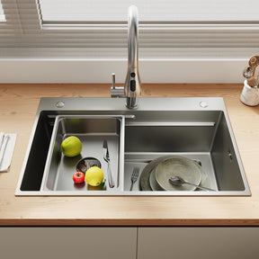 SONNI Spülbecken Küchenspüle 304 Edelstahl Waschbecken 70×45 cm, Einbauspüle mit 1 Becken,Wasserhahn,Unterbauspüle, Nanosilber/Diamantschwarz, inkl. Abtropfkorb & Abflusssieb, 3-Loch Breitkante