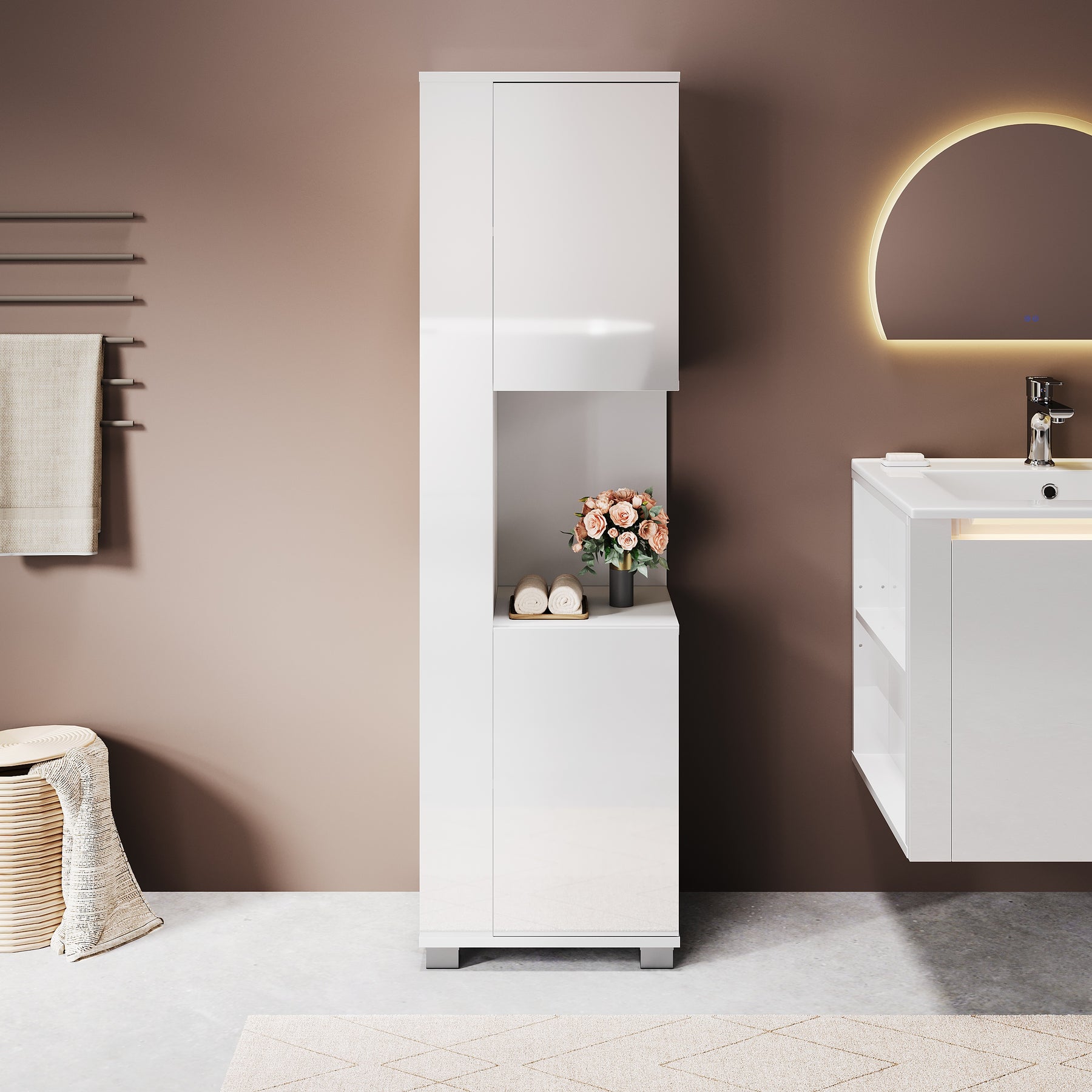 SONNI Badezimmerschrank mit Touch-LED-Beleuchtung, weißer Unterschrank mit 2 rechts öffnenden Türen und verstellbaren Einlegeböden, Geschlossen & Offenes Fach