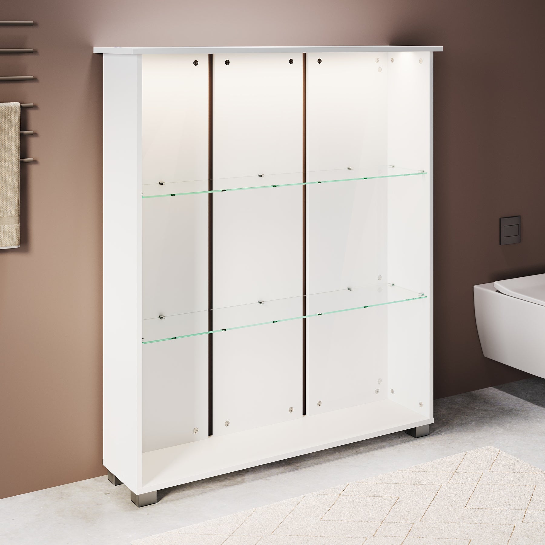 SONNI Badschrank mit LED-Sensoren,3 verstellbare Glasböden Badschrank mit 4 Kunststofffüßen 100 x 26 x 116 cm Weiß