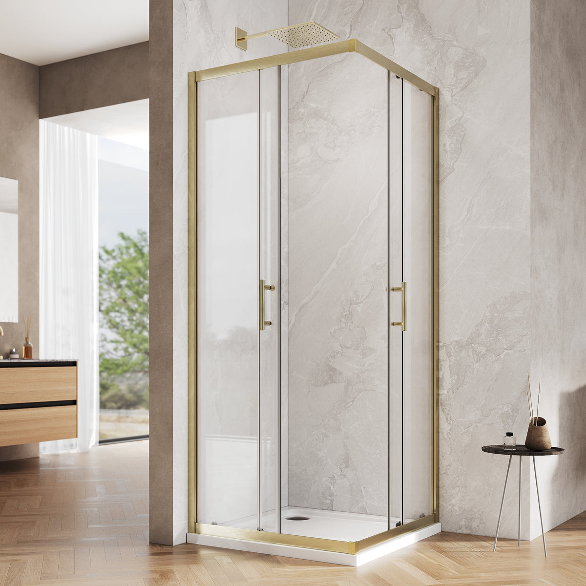 SONNI Duschkabine Eckeinstieg mit Schiebetür, gebürstetes Gold, 5mm ESG Sicherheitsglas, Aluminiumrahmen, 70-90 cm, Höhe 190cm, ohne Duschtasse - Sonni Sanitär GmbH