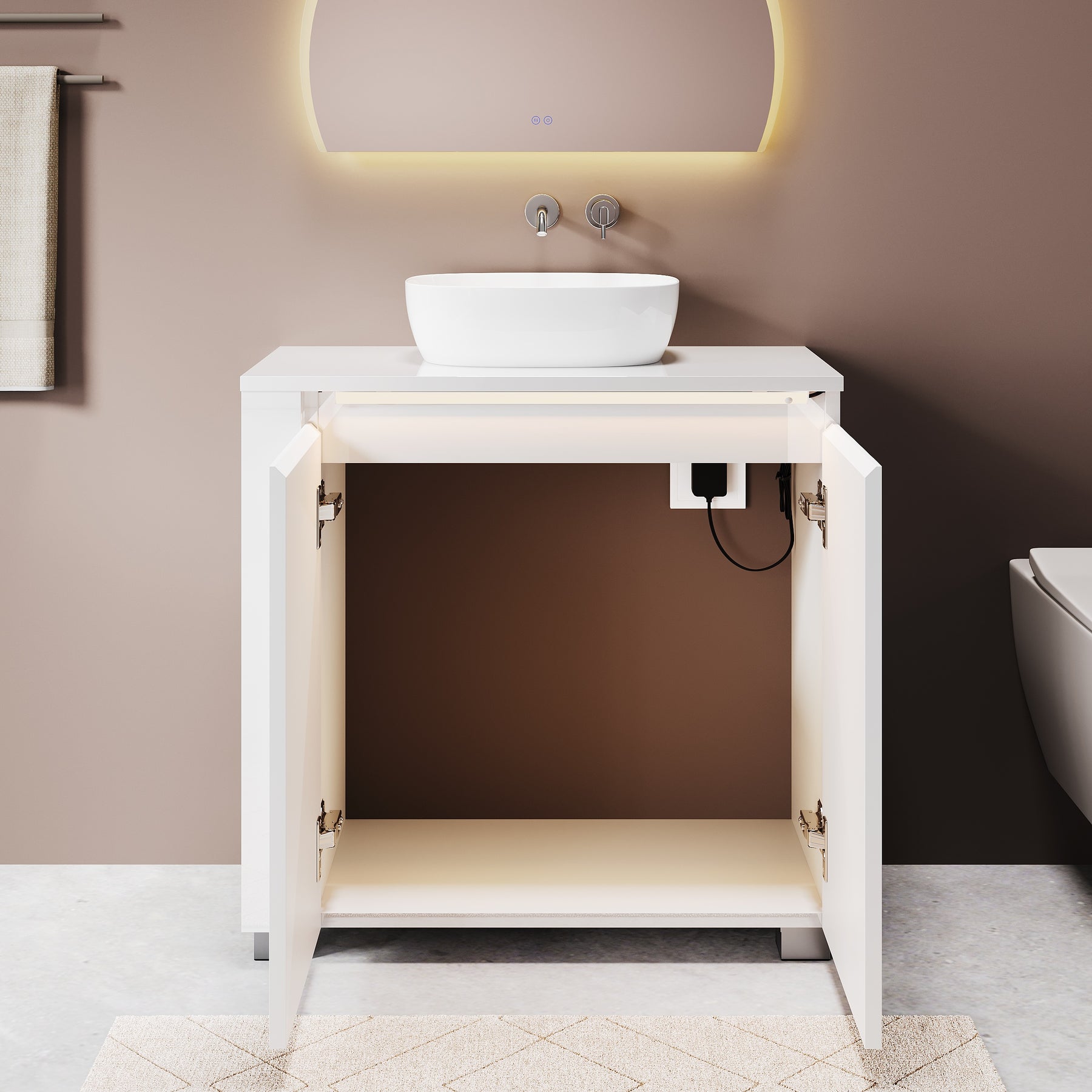 SONNI Freistehender Waschtisch mit LED-Sensorbeleuchtung, Aufsatzwaschbecken mit Doppeltüren und verstellbaren Ablagen, Badschrank 60 x 60 x 30 cm Weiß