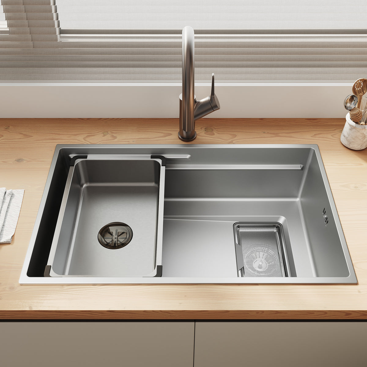 SONNI Küchenspüle Waschbecken Edelstahl 304, Nanosilber/Diamantschwarz, 70x44 cm, Einbauspüle mit 1 Becken, Unterbauspüle mit Abtropfkorb und Rechteckigem Abfallsieb - Sonni Sanitär GmbH