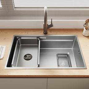 SONNI Küchenspüle Waschbecken Edelstahl 304, Nanosilber/Diamantschwarz, 70x44 cm, Einbauspüle mit 1 Becken, Unterbauspüle mit Abtropfkorb und Rechteckigem Abfallsieb - Sonni Sanitär GmbH