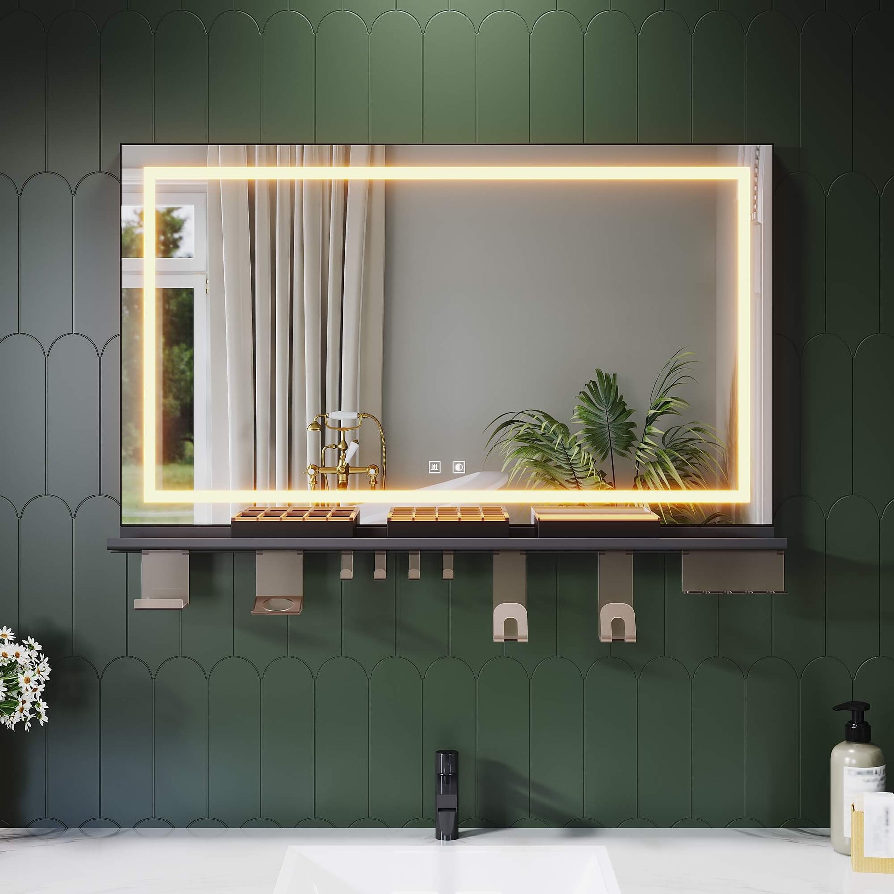 SONNI Badspiegel mit Beleuchtung 100x60cm +  Ablage, Touch Badezimmerspiegel 3 Lichtfarben, Anti-Beschlag & Gedächtnisfunktion