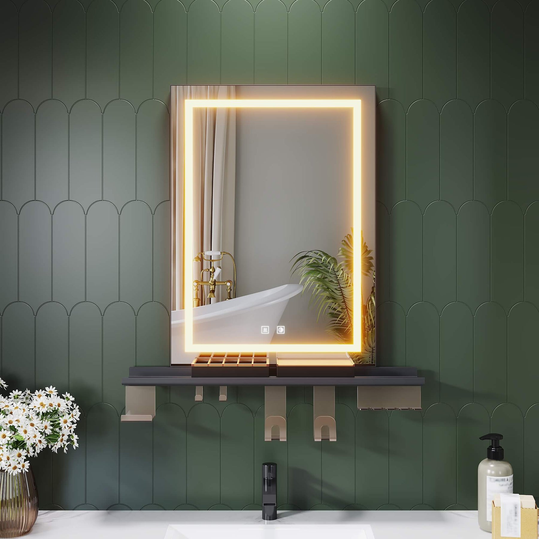 SONNI Badspiegel mit Beleuchtung 50x70cm mit Ablage, Touch Badezimmerspiegel 3 Lichtfarben, Anti-Beschlag & Gedächtnisfunktion