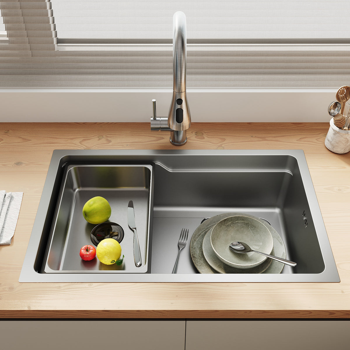 SONNI Waschbecken Küchenspüle 304 SUS Edelstahl, 70×43 cm, Einbauspüle mit 1 Becken,Wasserhahn,Unterbauspüle, mit Abtropfkorb und Dreieckigem Abfallsieb, Schmale Seite