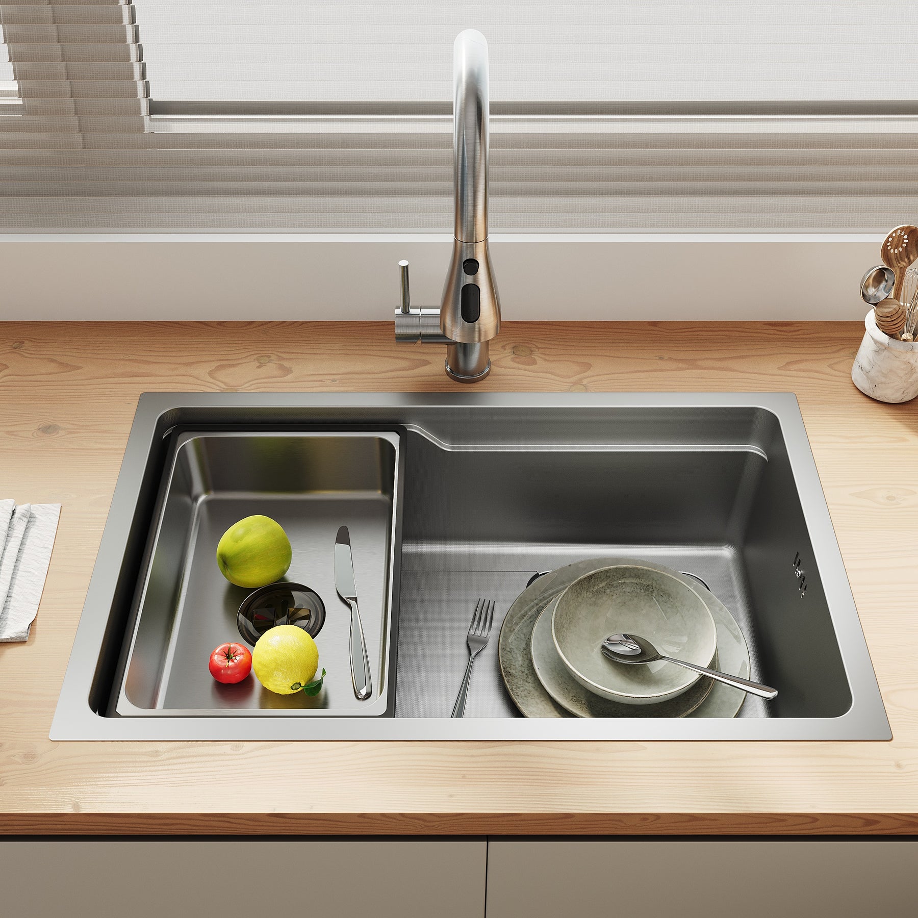 SONNI Waschbecken Küchenspüle 304 SUS Edelstahl, 70×43 cm, Einbauspüle mit 1 Becken,Wasserhahn,Unterbauspüle, mit Abtropfkorb und Dreieckigem Abfallsieb, Schmale Seite