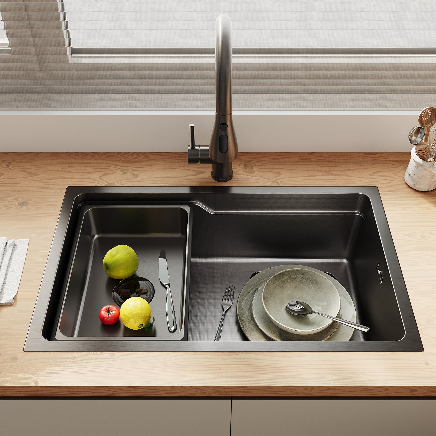 SONNI Waschbecken Küchenspüle 304 SUS Edelstahl, 70×43 cm, Einbauspüle mit 1 Becken,Wasserhahn,Unterbauspüle, mit Abtropfkorb und Dreieckigem Abfallsieb, Schmale Seite