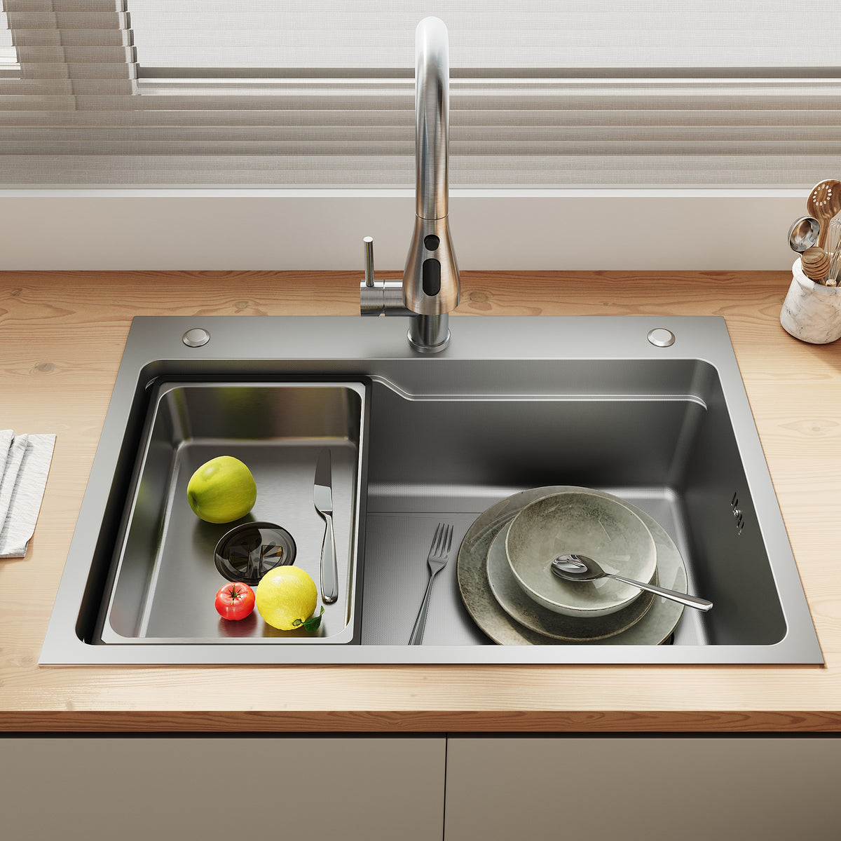 SONNI Waschbecken Küchenspüle 304 SUS Edelstahl, 70×48 cm, Einbauspüle mit 1 Becken,Wasserhahn,Unterbauspüle, mit Abtropfkorb und Dreieckigem Abfallsieb, 3-Loch Breitkante