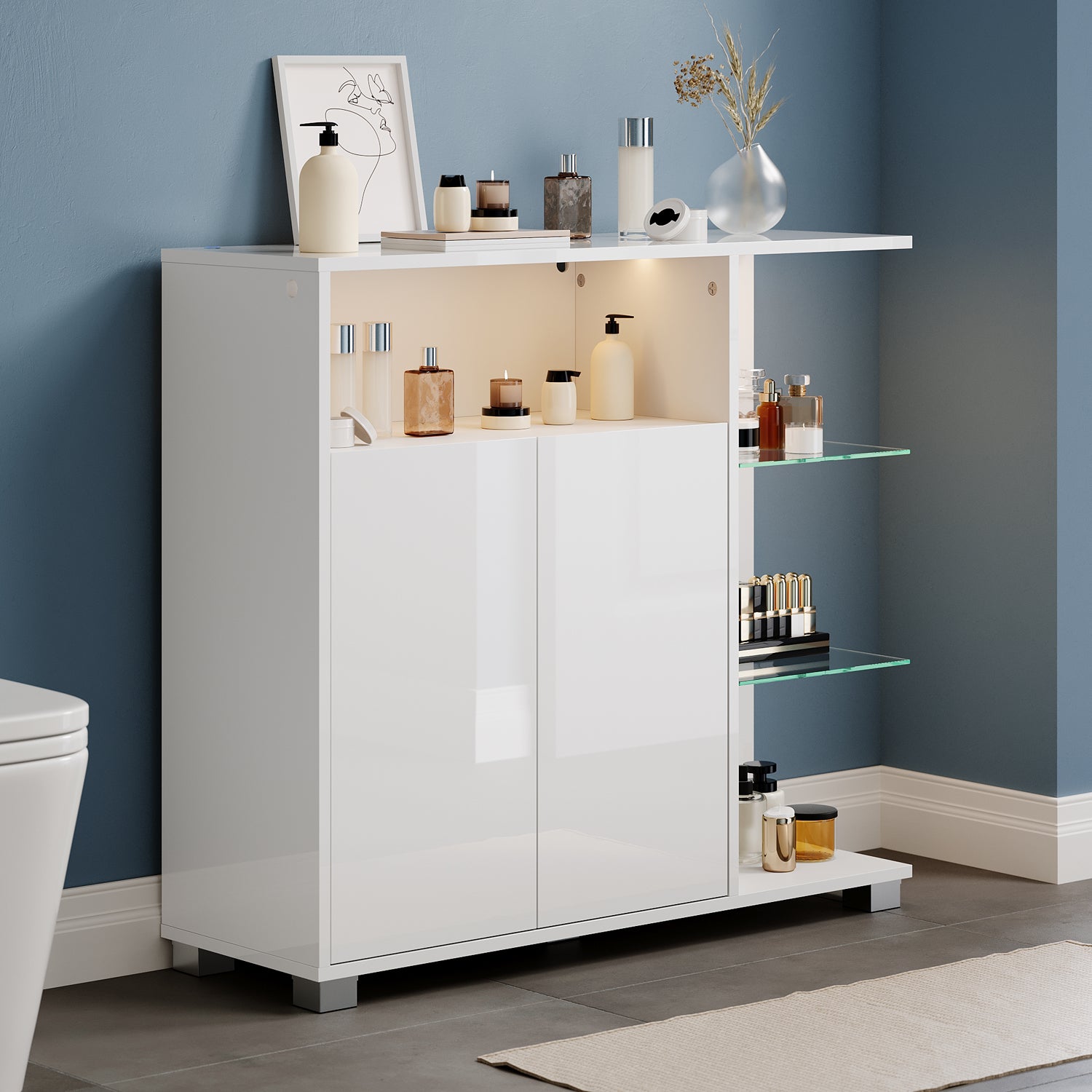 SONNI Waschtisch mit Touch-LED, weißer Unterschrank mit offener rechter Seite, Doppeltüren und ausziehbarem Einlegeboden, 90 x 30 x 82 cm Weiß