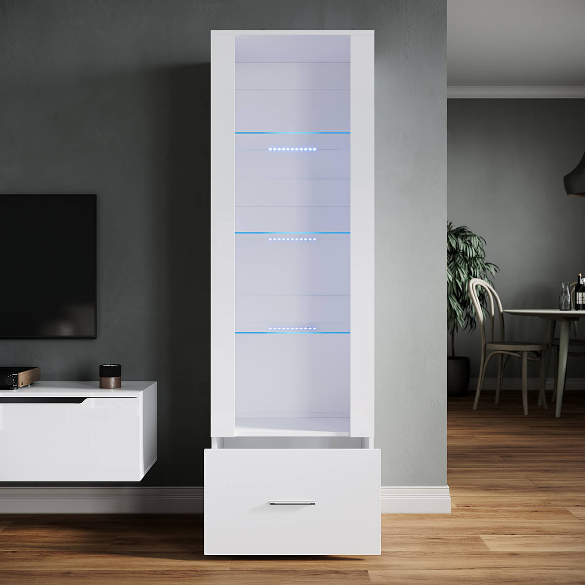 SONNI Vitrine mit LED-Beleuchtung, Glasvitrine mit Schubladen, weiß Hochglanzfront, Sammlervitrine, Vitrinenschrank - Sonni Sanitär GmbH