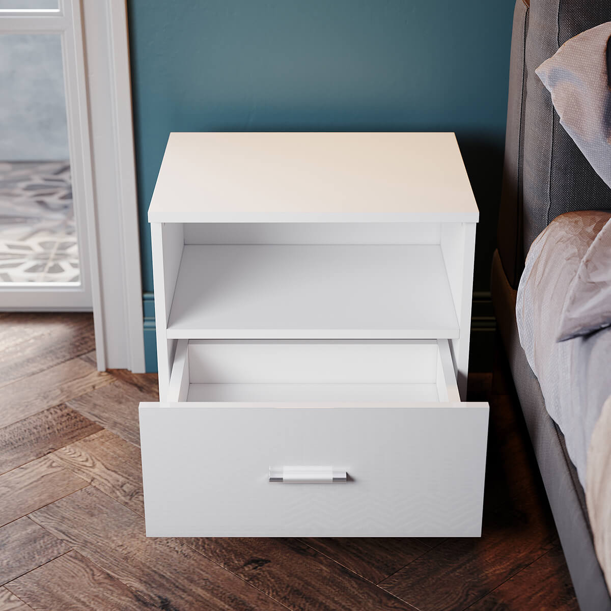 SONNI LED Nachttische mit Schublade Weiß Hochglanz Kommode Schlafzimmermöbel 450x350x465mm - Sonni Sanitär GmbH