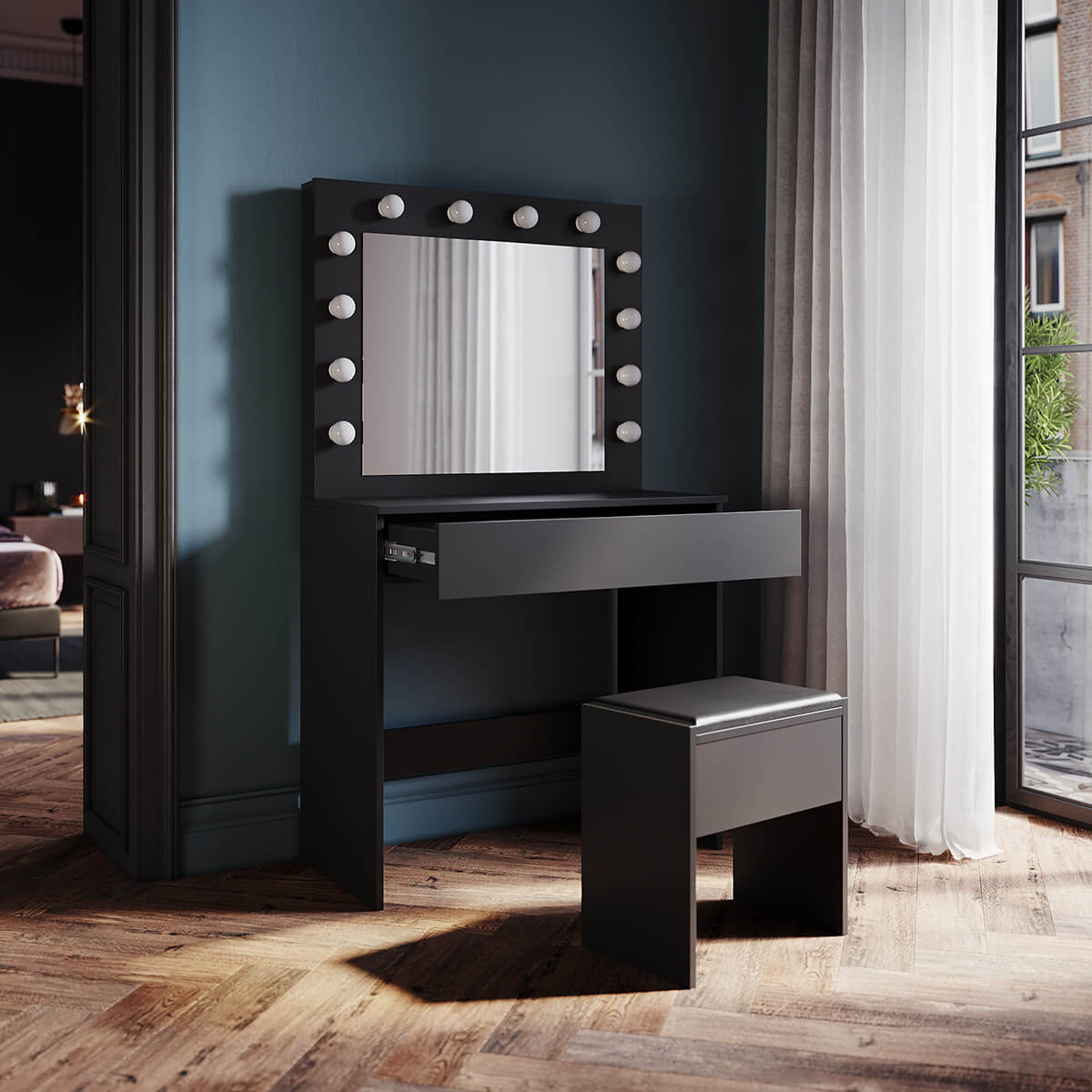 SONNI Schminktisch mit Hocker Spiegel, Kosmetiktisch mit Schubladen für Schlafzimmer, Frisiertisch Schreibtisch aus MDF und Massivholz, Kinderleichte Montage - Sonni Sanitär GmbH