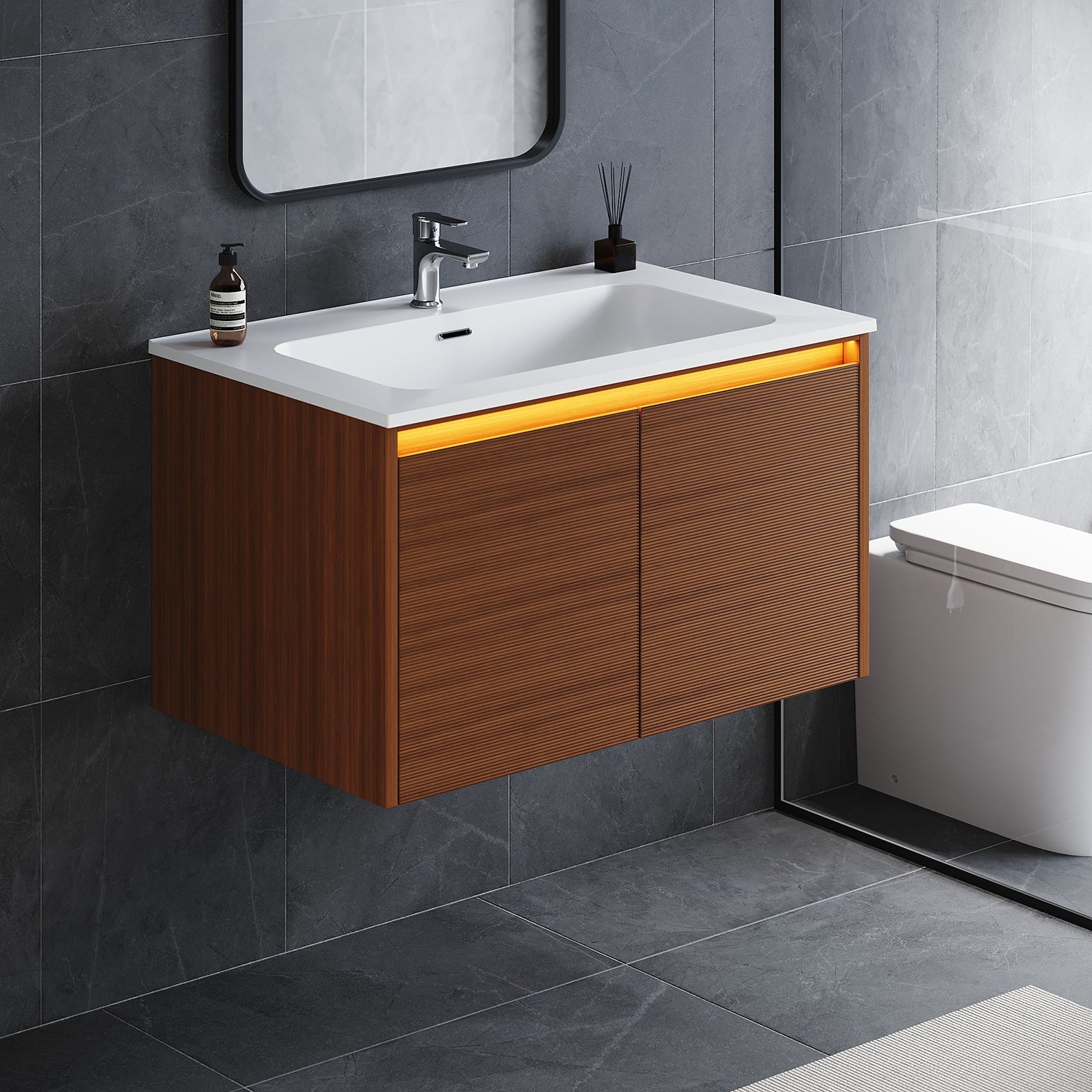 SONNI Waschtisch Badmöbel Set mit Quarz Kunststein Waschbecken, LED Sensorbeleuchtung Push Open Türen 79 x 49,5 x 45 cm