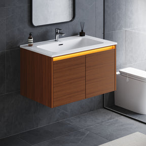 SONNI Waschtisch Badmöbel Set mit Quarz Kunststein Waschbecken, LED Sensorbeleuchtung Push Open Türen 79 x 49,5 x 45 cm