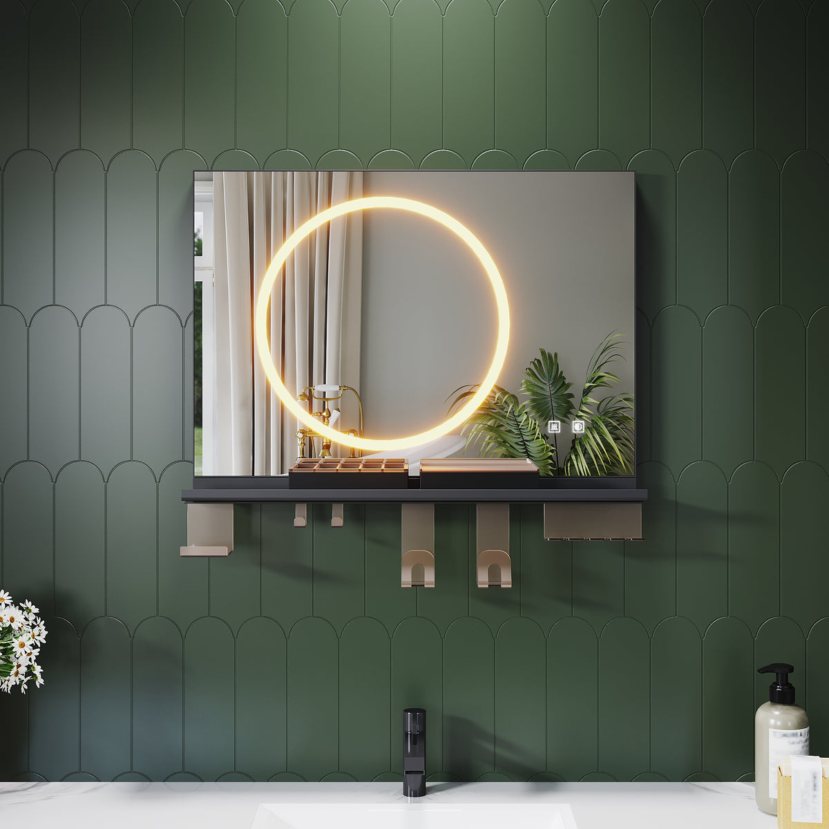 SONNI Badezimmerspiegel mit Beleuchtung 70x50 cm, LED Badspiegel mit Ablage, 3 einstellbare Lichtfarbe + Anti-Beschlag + Touchschalter, Ablage mit Handyhalter + Haken + Zahnbürstenhalter