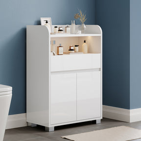SONNI Badezimmer-Beistelltisch mit Touch-LED, 1 Schublade 2 Türen ausziehbarer Einlegeboden Aufbewahrungsmöbel 56 x 30 x 82 cm Weiß