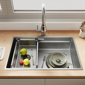 SONNI Küchenspüle Waschbecken Edelstahl 304, Nanosilber/Diamantschwarz, 70x44 cm, Einbauspüle mit 1 Becken,Wasserhahn,Unterbauspüle mit Abtropfkorb und Rechteckigem Abfallsieb