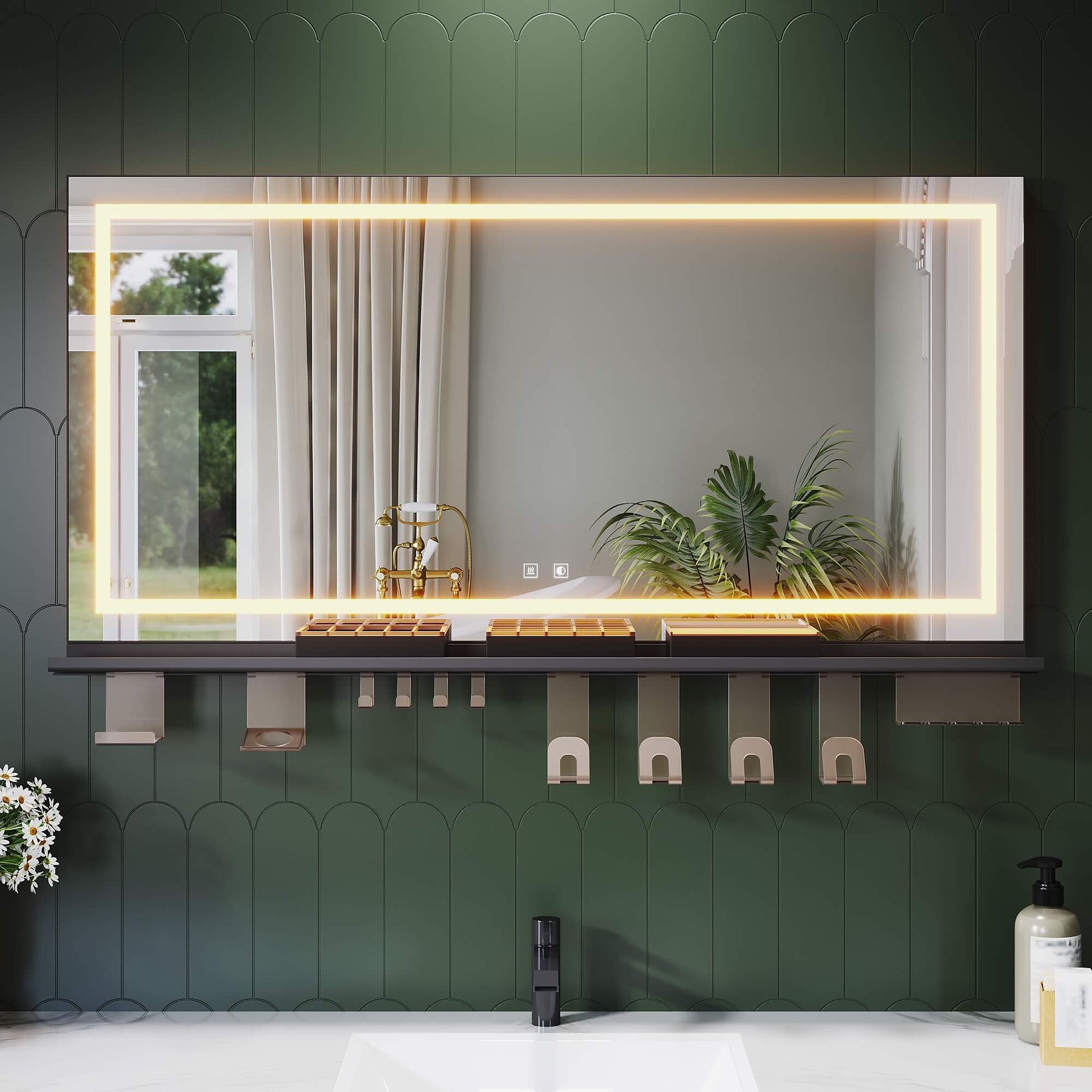 SONNI LED Badspiegel 120x60cm + Ablage, Touch Spiegel mit Beleuchtung, 3 Lichtfarben, Anti-Beschlag & Memory, Ablage mit Handyhalter + Haken + Zahnbürstenhalter + Becherhalter