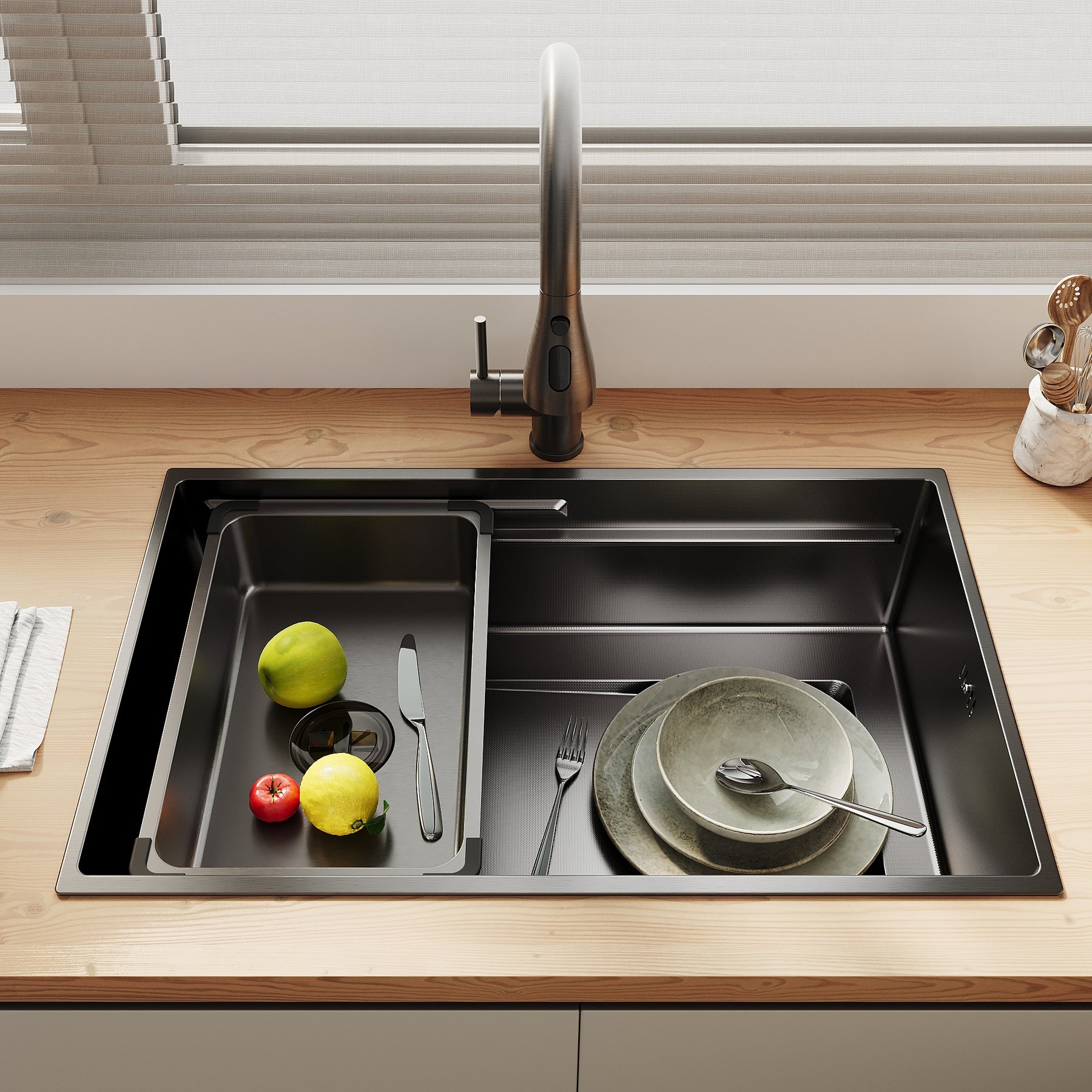 SONNI Küchenspüle Waschbecken Edelstahl 304, Nanosilber/Diamantschwarz, 70x44 cm, Einbauspüle mit 1 Becken,Wasserhahn,Unterbauspüle mit Abtropfkorb und Rechteckigem Abfallsieb