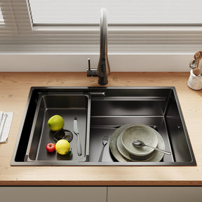 SONNI Küchenspüle Waschbecken Edelstahl 304, Nanosilber/Diamantschwarz, 70x44 cm, Einbauspüle mit 1 Becken,Wasserhahn,Unterbauspüle mit Abtropfkorb und Rechteckigem Abfallsieb