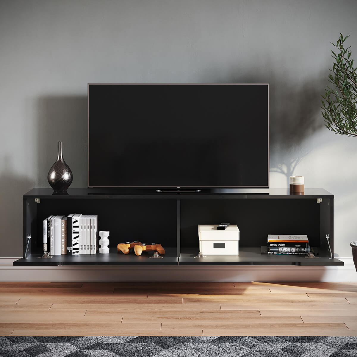 SONNI Lowboard,TV Board weiß/Schwarz hochglänzend hängend TV Schrank mit LED-Beleuchtung (12 Farben einstellbar), griffloses Design