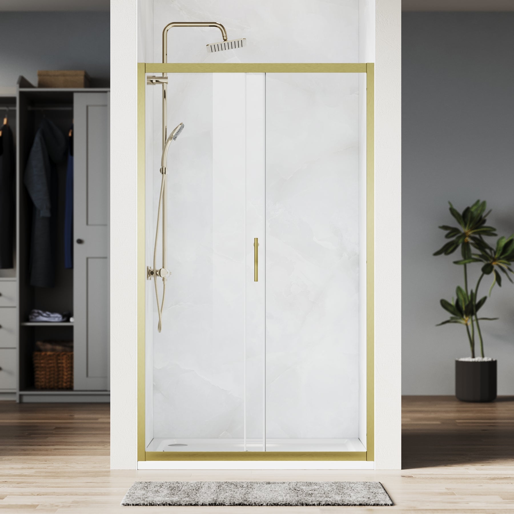 SONNI Duschtür Schiebetür Duschabtrennung Gebürstetes Gold Aluminiumrahmen ESG Glas 100–120 cm Höhe 185 cm - Sonni Sanitär GmbH