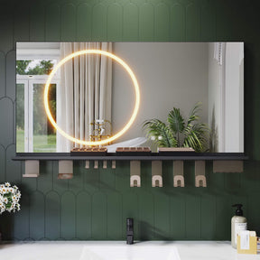 SONNI Badezimmerspiegel mit Beleuchtung 120x60 cm, LED Badspiegel mit Ablage, 3 einstellbare Lichtfarbe + Anti-Beschlag + Touchschalter, Ablage mit Handyhalter + Haken + Zahnbürstenhalte