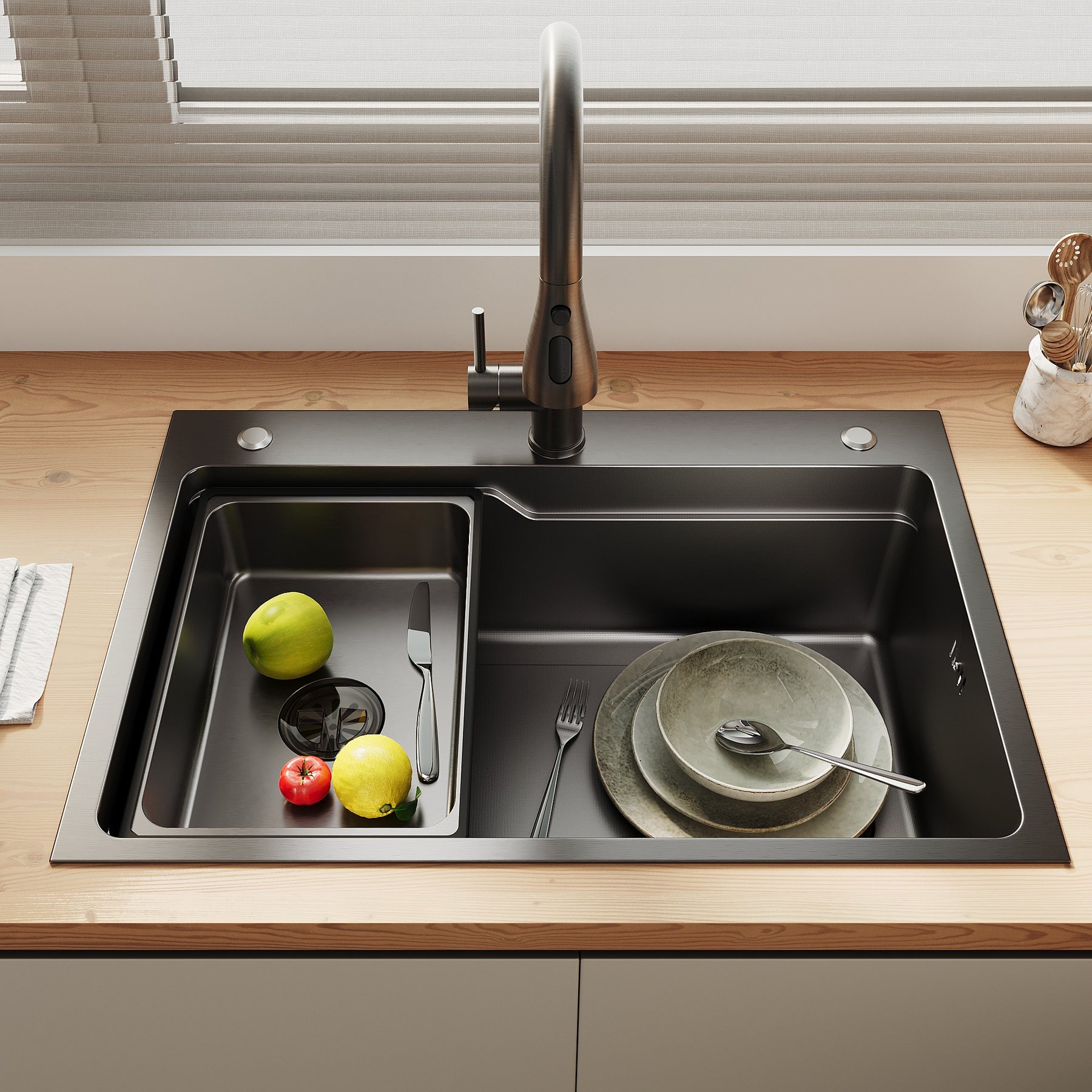 SONNI Waschbecken Küchenspüle 304 SUS Edelstahl, 70×48 cm, Einbauspüle mit 1 Becken,Wasserhahn,Unterbauspüle, mit Abtropfkorb und Dreieckigem Abfallsieb, 3-Loch Breitkante
