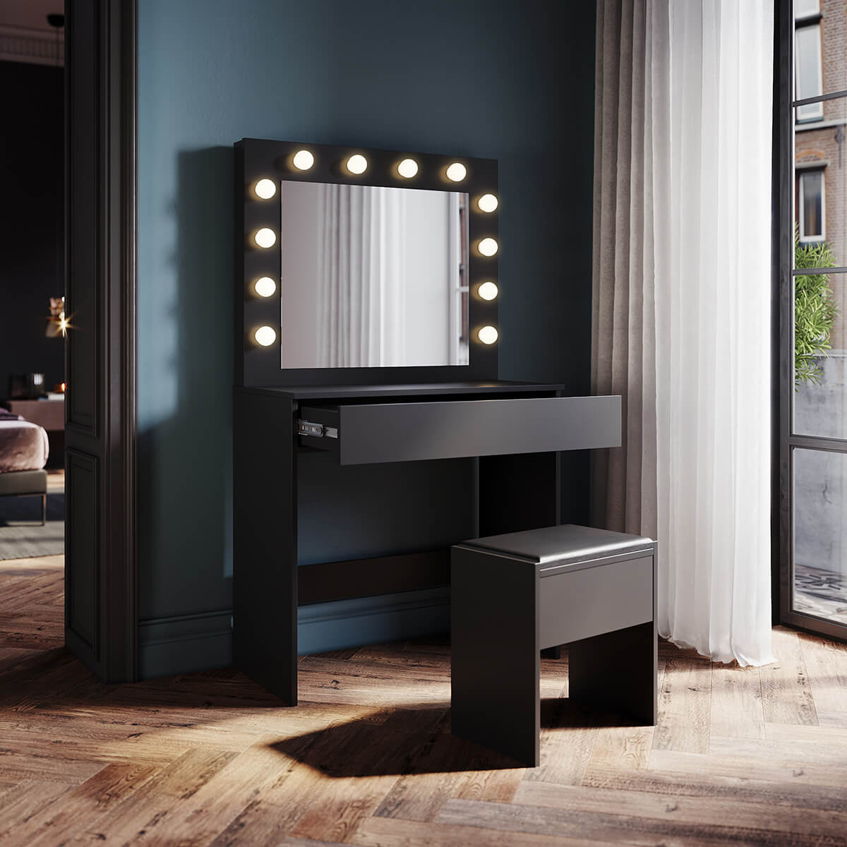 SONNI Schminktisch mit Hocker Spiegel, Kosmetiktisch mit Schubladen für Schlafzimmer, Frisiertisch Schreibtisch aus MDF und Massivholz, Kinderleichte Montage - Sonni Sanitär GmbH