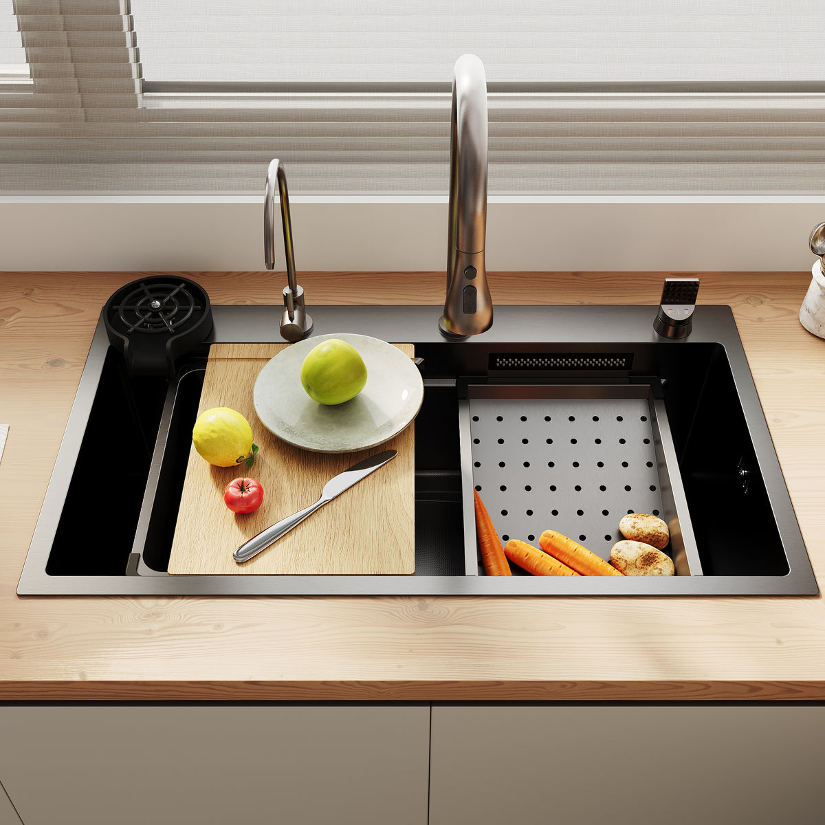 SONNI Spülbecken Einbauspüle Küchenspüle Waschbecken 304 SUS Edelstahl, Schwarz, 75/80×45×26 cm, Unterbauspüle mit 1 Becken, Abtropfkorb, Abfallsieb, Armatur, Schneidebrett, Tassenuntersetzer und Wasserfilterarmatur - Sonni Sanitär GmbH