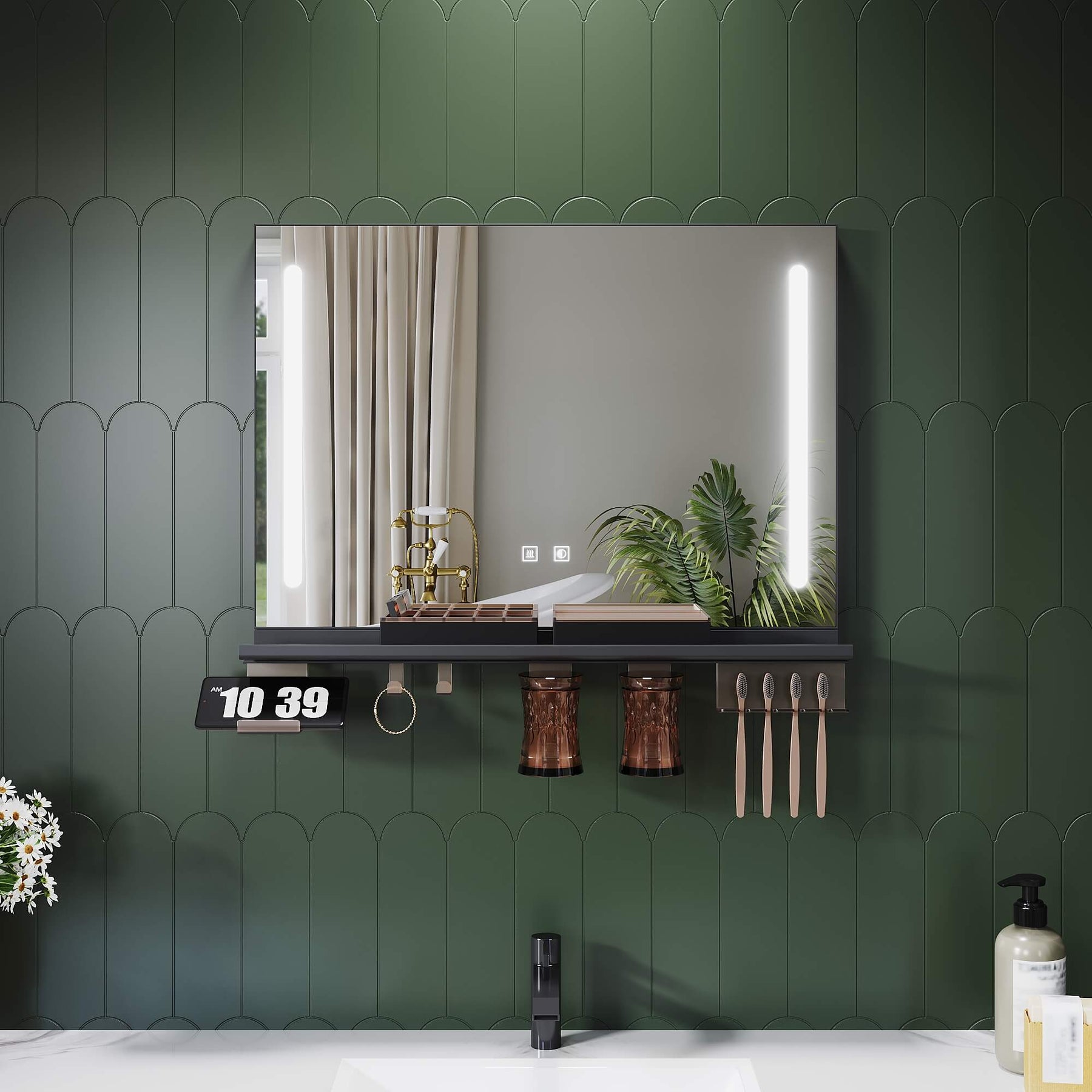 SONNI LED Badspiegel 70x50cm mit Ablage, Touch Badezimmerspiegel 3 Lichtfarben, Anti-Beschlag & Gedächtnisfunktion, Ablage mit Handyhalter + Haken + Zahnbürstenhalter