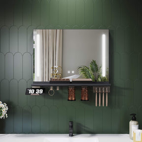 SONNI LED Badspiegel 70x50cm mit Ablage, Touch Badezimmerspiegel 3 Lichtfarben, Anti-Beschlag & Gedächtnisfunktion, Ablage mit Handyhalter + Haken + Zahnbürstenhalter