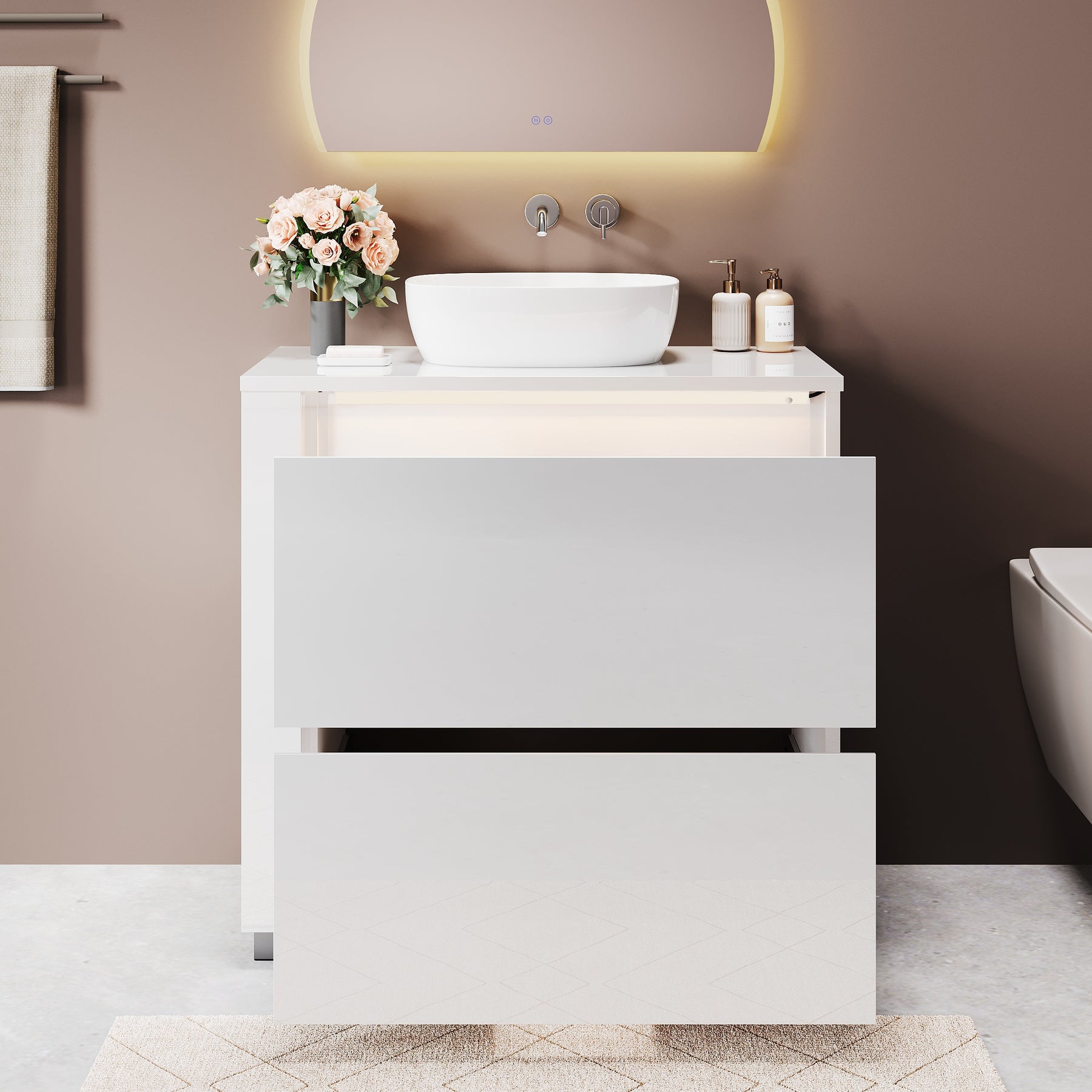 SONNI Freistehender Waschtisch mit LED-Sensorbeleuchtung, Aufsatzwaschbecken mit Doppeltüren und verstellbaren Ablagen, Badschrank 60 x 60 x 30 cm Weiß