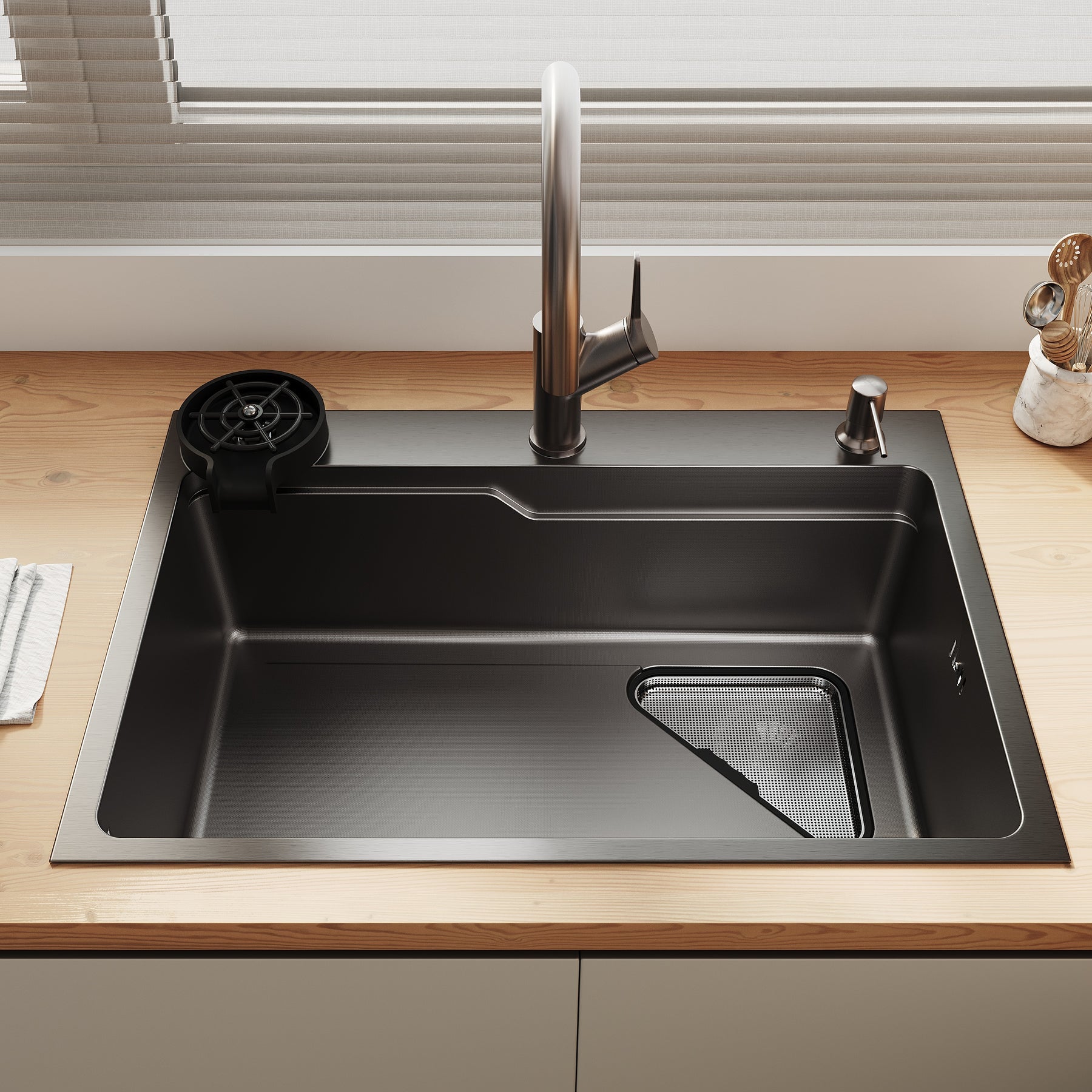 SONNI Waschbecken Küchenspüle 304 SUS Edelstahl, 70×48 cm, Einbauspüle mit 1 Becken, Unterbauspüle, mit Abtropfkorb und Dreieckigem Abfallsieb, 3-Loch Breitkante - Sonni Sanitär GmbH