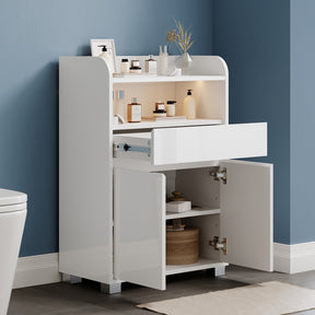SONNI Badezimmer-Beistelltisch mit Touch-LED, 1 Schublade 2 Türen ausziehbarer Einlegeboden Aufbewahrungsmöbel 56 x 30 x 82 cm Weiß