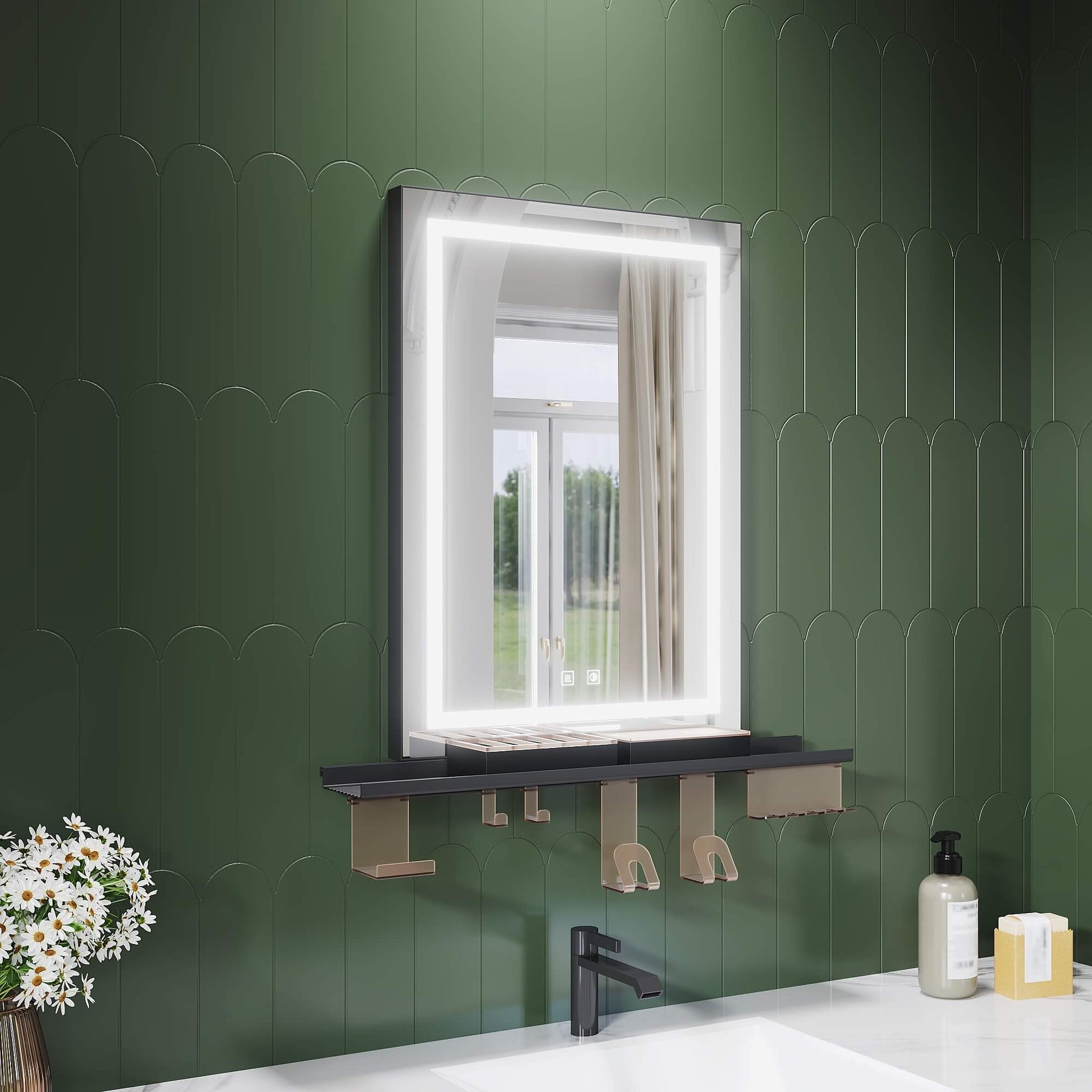 SONNI Badspiegel mit Beleuchtung 50x70cm mit Ablage, Touch Badezimmerspiegel 3 Lichtfarben, Anti-Beschlag & Gedächtnisfunktion