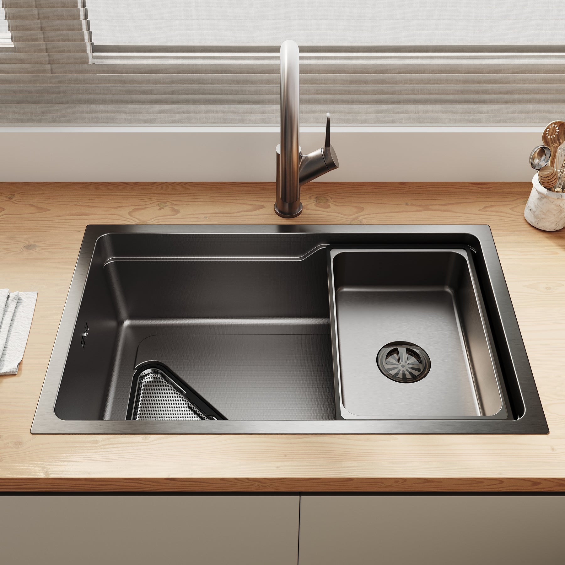 SONNI Waschbecken Küchenspüle 304 SUS Edelstahl, 70×43 cm, Einbauspüle mit 1 Becken, Unterbauspüle, mit Abtropfkorb und Dreieckigem Abfallsieb, Schmale Seite - Sonni Sanitär GmbH