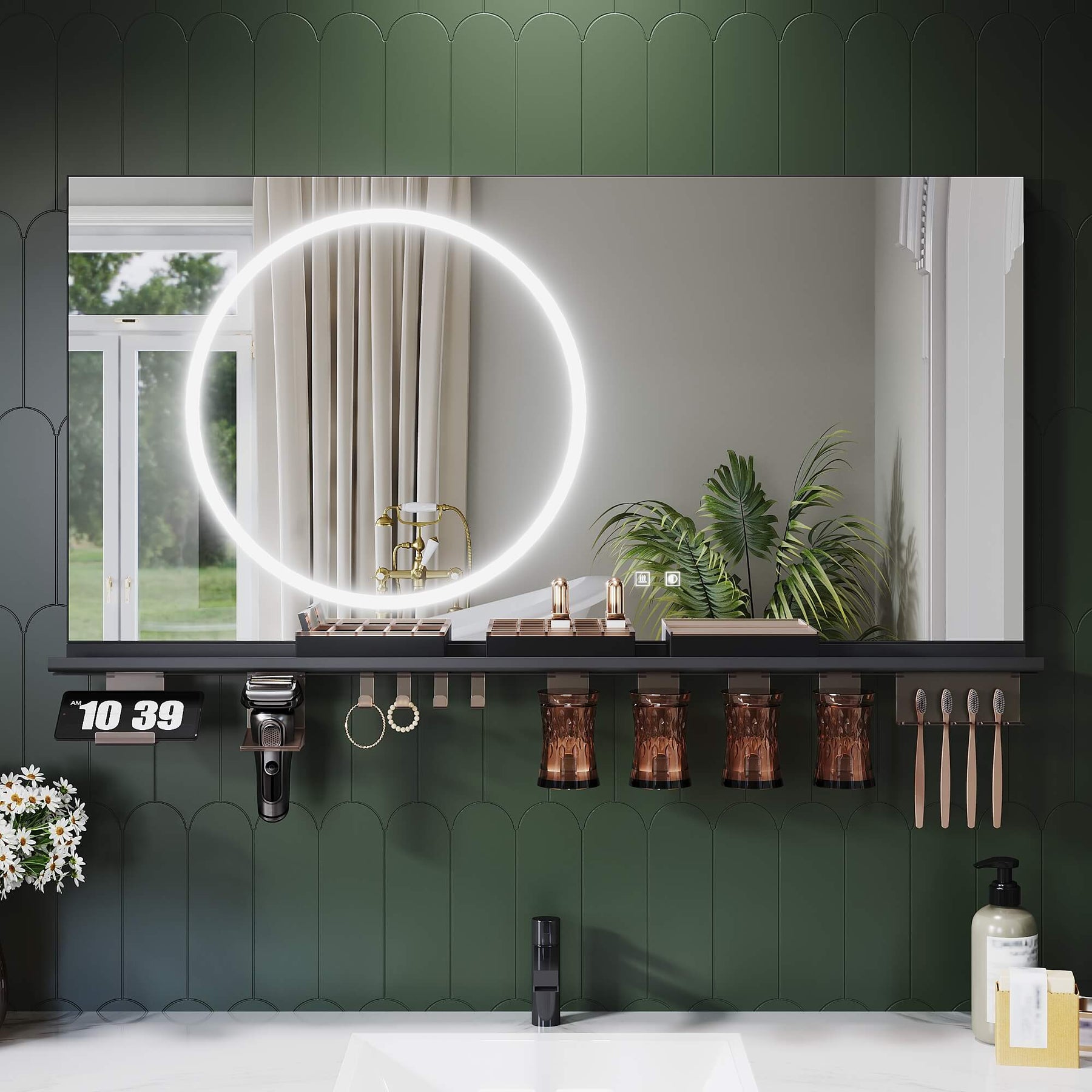 SONNI Badezimmerspiegel mit Beleuchtung 120x60 cm, LED Badspiegel mit Ablage, 3 einstellbare Lichtfarbe + Anti-Beschlag + Touchschalter, Ablage mit Handyhalter + Haken + Zahnbürstenhalte