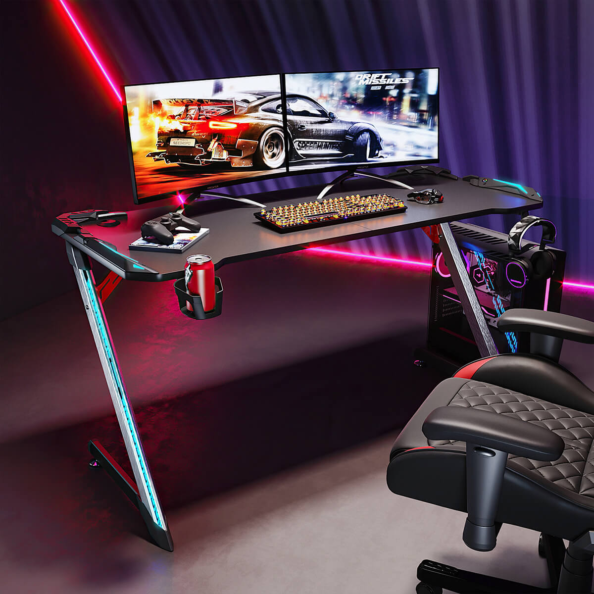 SONNI Gaming Schreibtisch mit LED 120cm Gaming Tisch RGB Gaming Schreibtisch Ergonomischer Tisch Gamer Tisch mit Getränkehalterung und Kopfhörerhaken Schwarz PC Tisch Klein